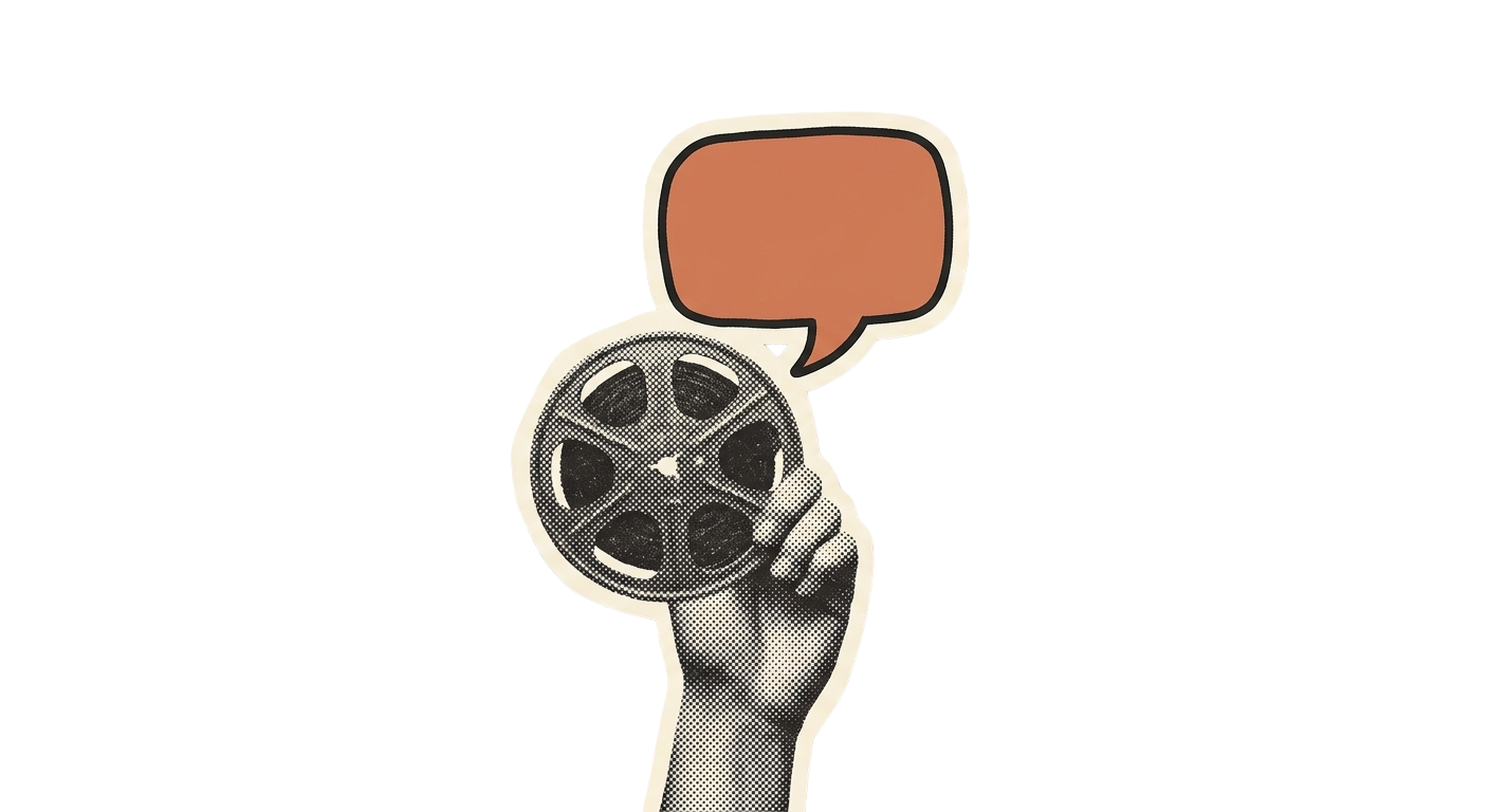 Cut-out collage of a hand holding a film reel with a speech bubble rising out of it